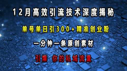 最新高效引流技术深度揭秘 ，单号单日引300+精准创业粉，一分钟一条原创素材，引爆你的私域流量-云壹网创