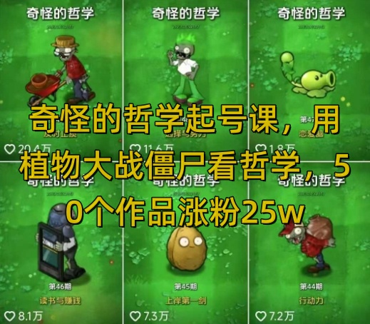 奇怪的哲学起号课，用植物大战僵尸看哲学，50个作品涨粉25w，暴力撸收益，全平台均可发布-云壹网创