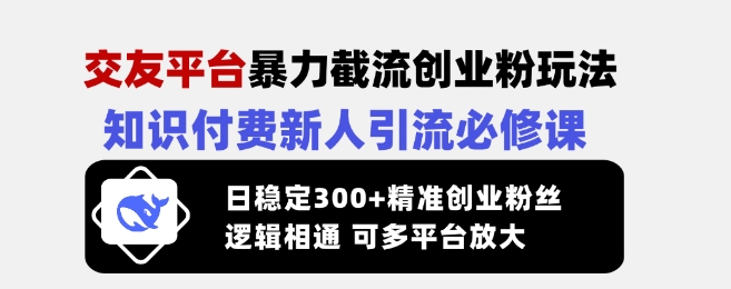 交友平台暴力截流创业粉玩法，知识付费新人引流必修课，日稳定300+精准创业粉丝，逻辑相通可多平台放大-云壹网创